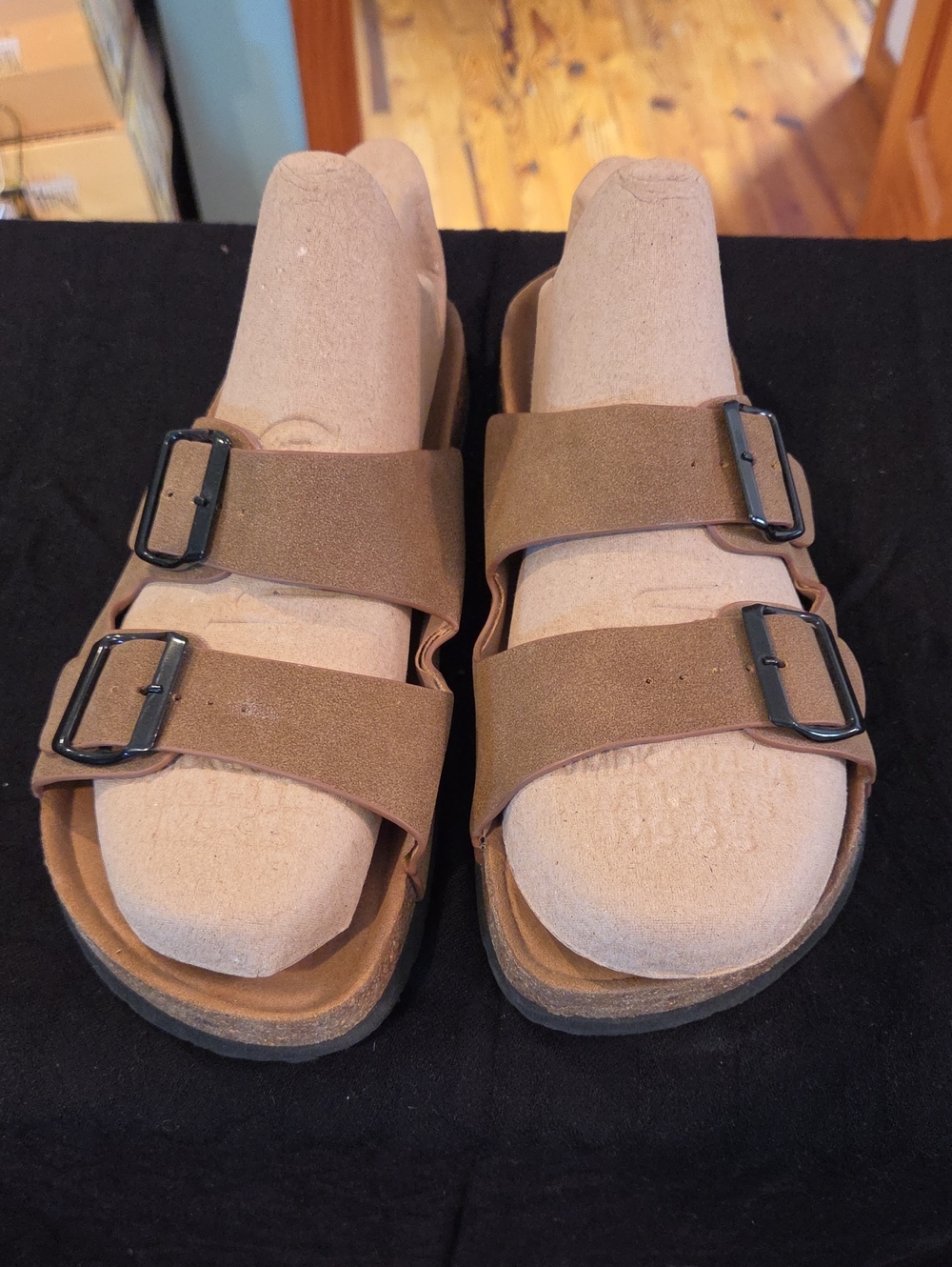 NWOT Double Strap Suede Slide Sandals in Light Brown with Black Buckles